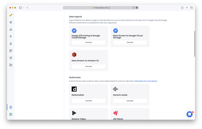 Marfeel organization integrations page showing the data exports section|690x439