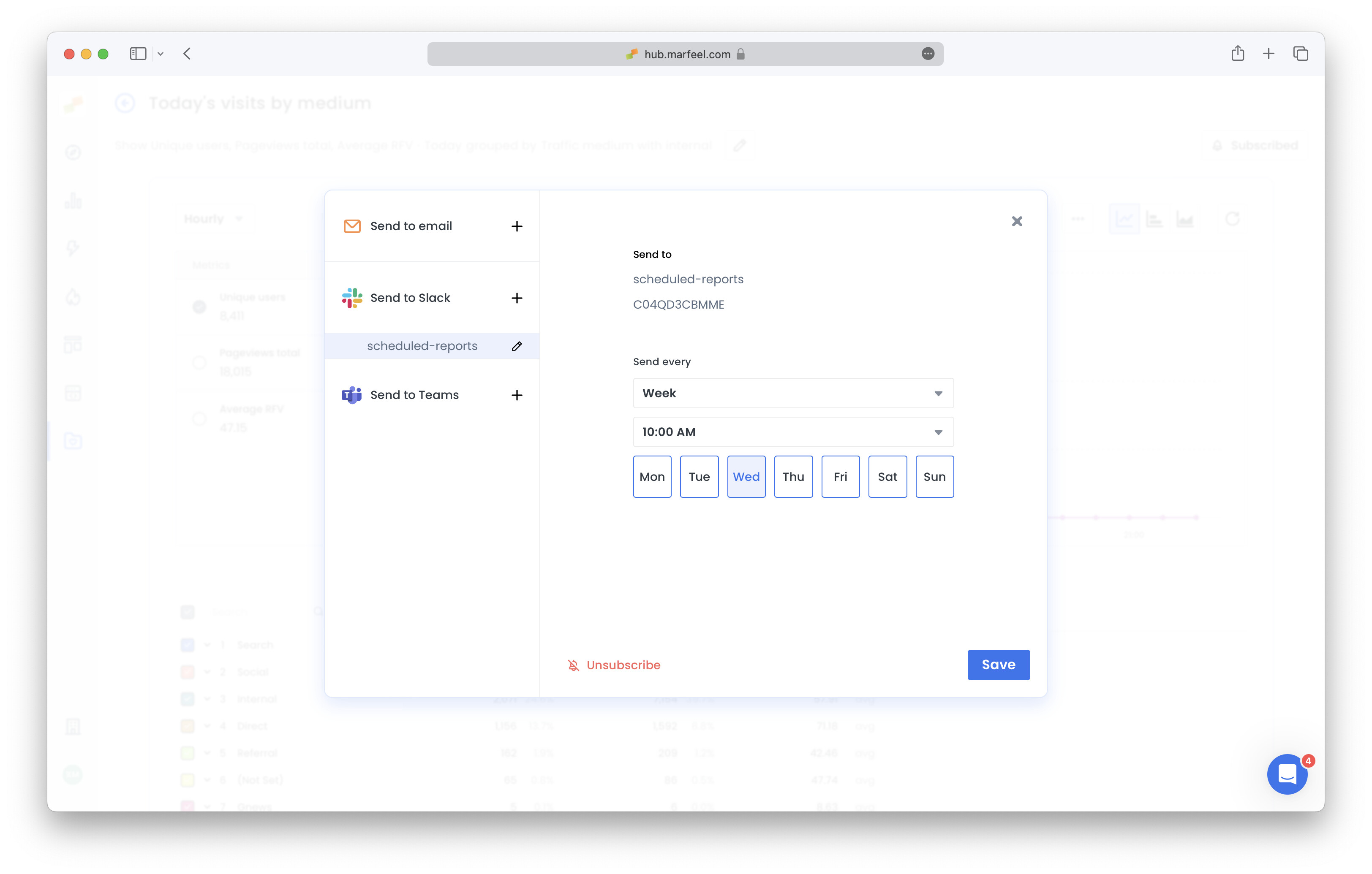 Report subscription dialog with Slack selected as the delivery channel|690x439