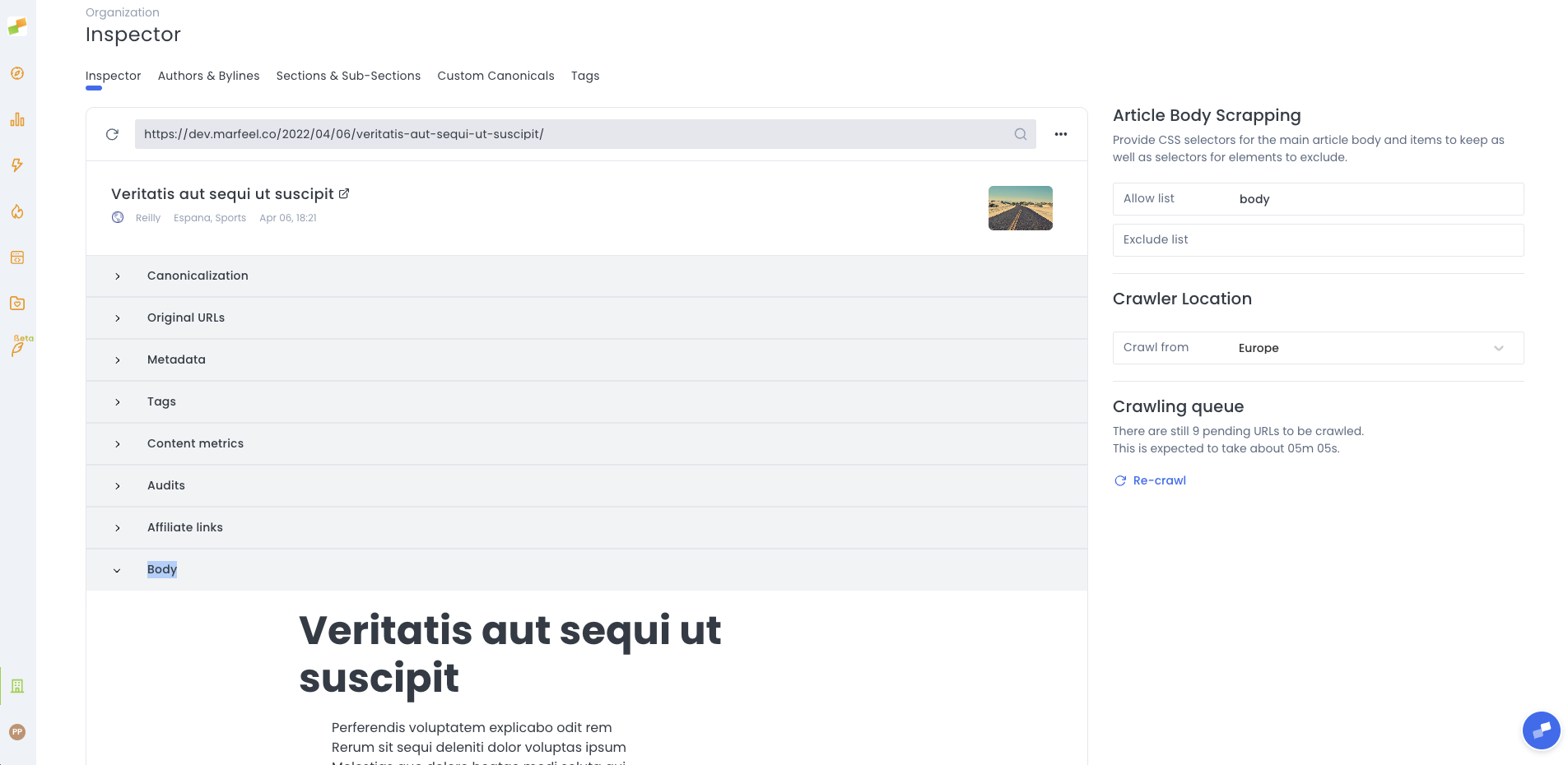 Editorial Crawler inspector showing detected article body text for a selected URL|690x336