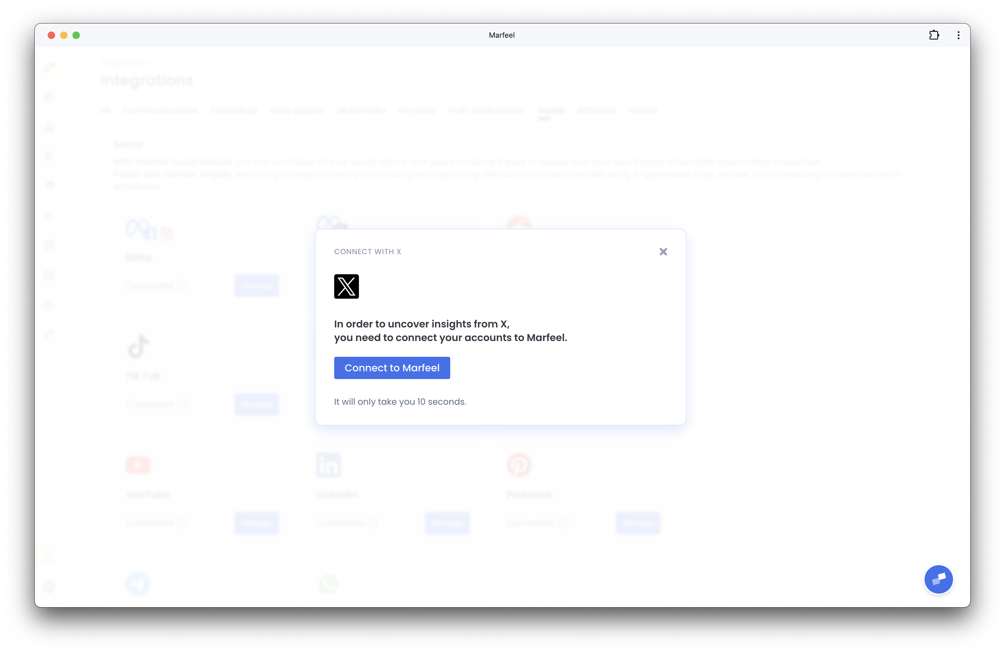 X integration connection prompt asking the user to authorize Marfeel|690x448