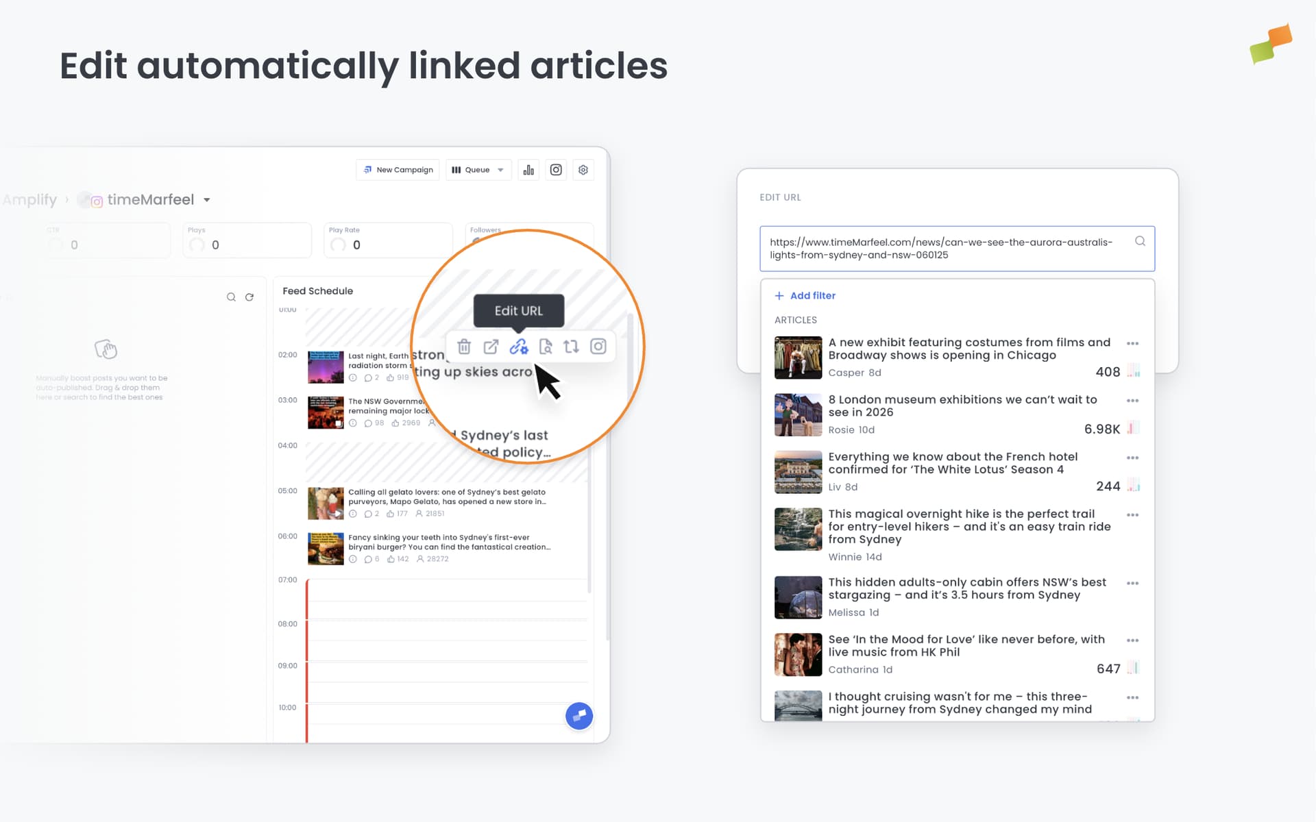 Amplify automatic article linking view showing an inferred article match for an unlinked social post|690x431