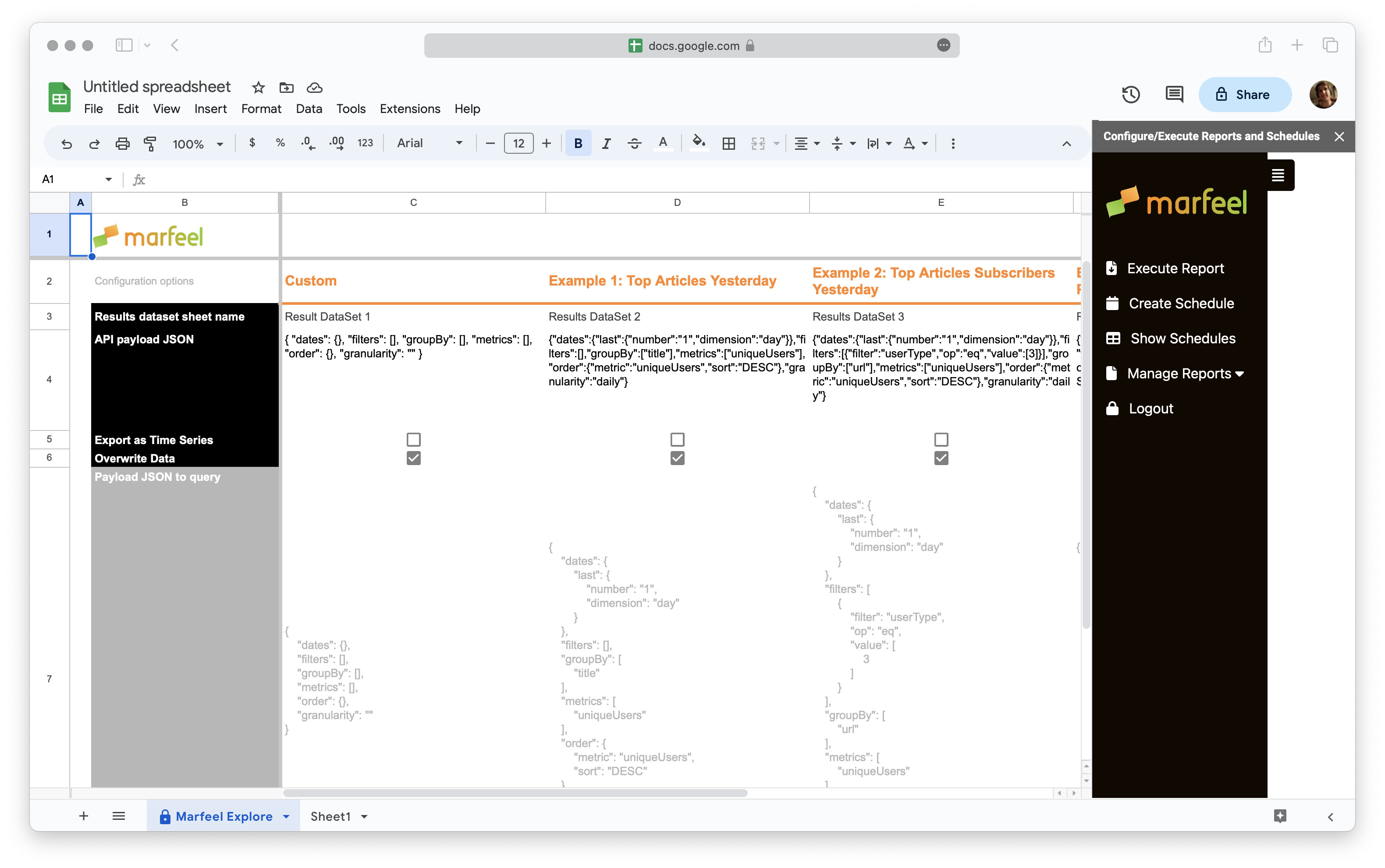 Marfeel Explore sheet created with five report columns|690x432