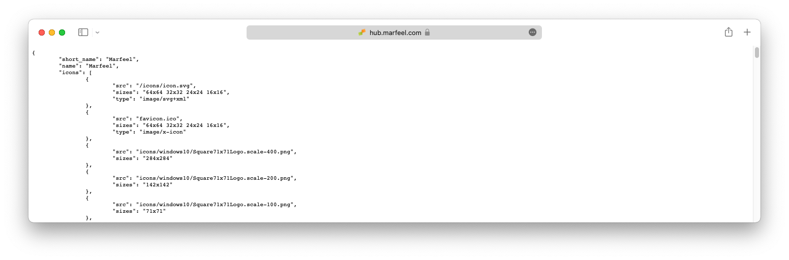 manifest.json contents displaying an array of icon objects with sizes and paths|690x227