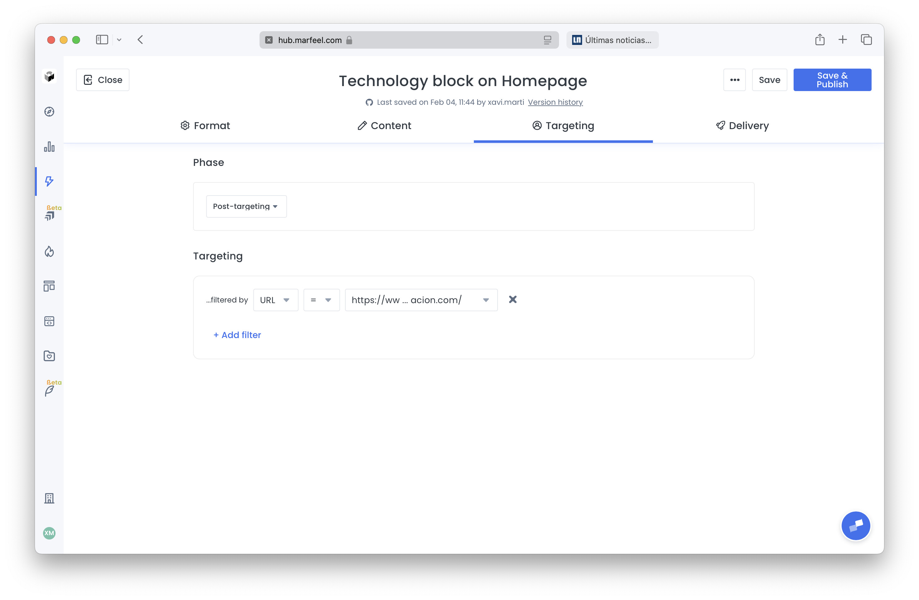 Targeting tab with URL filter set to the homepage|690x450