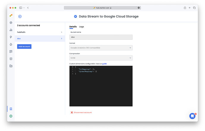 Data exports configuration screen showing the custom dimensions config field|690x439