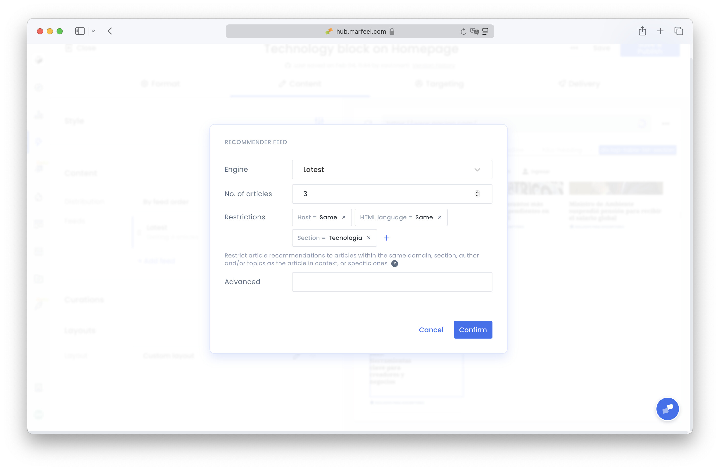Content tab showing feed configuration with Latest engine and section restriction|690x450