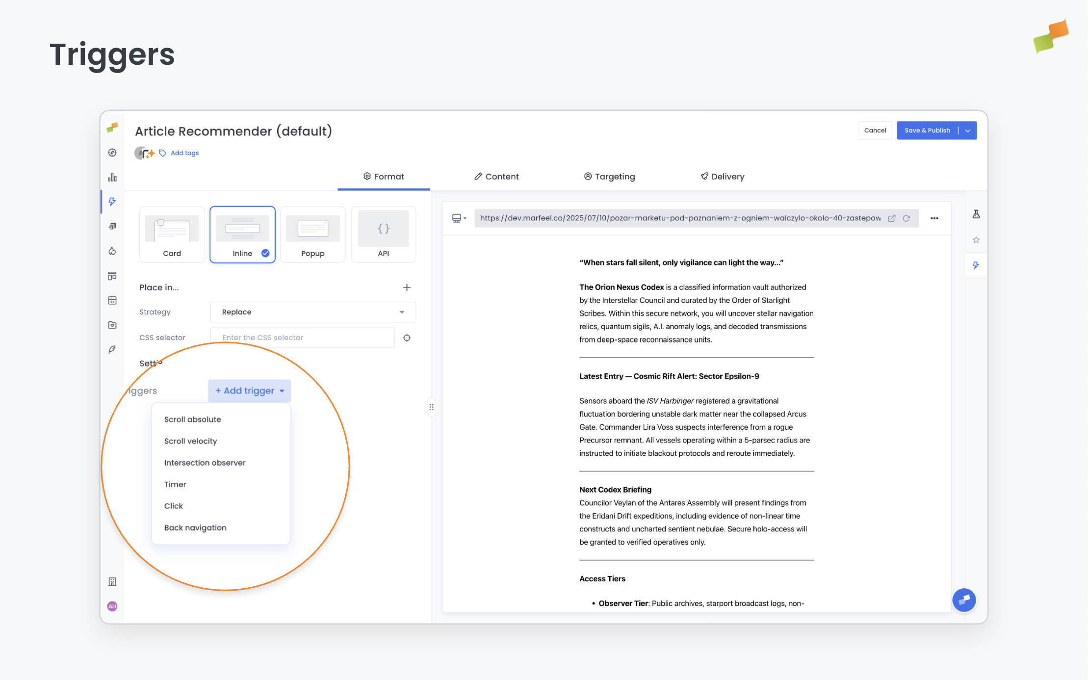 Experience triggers configuration panel in the Format tab|690x431
