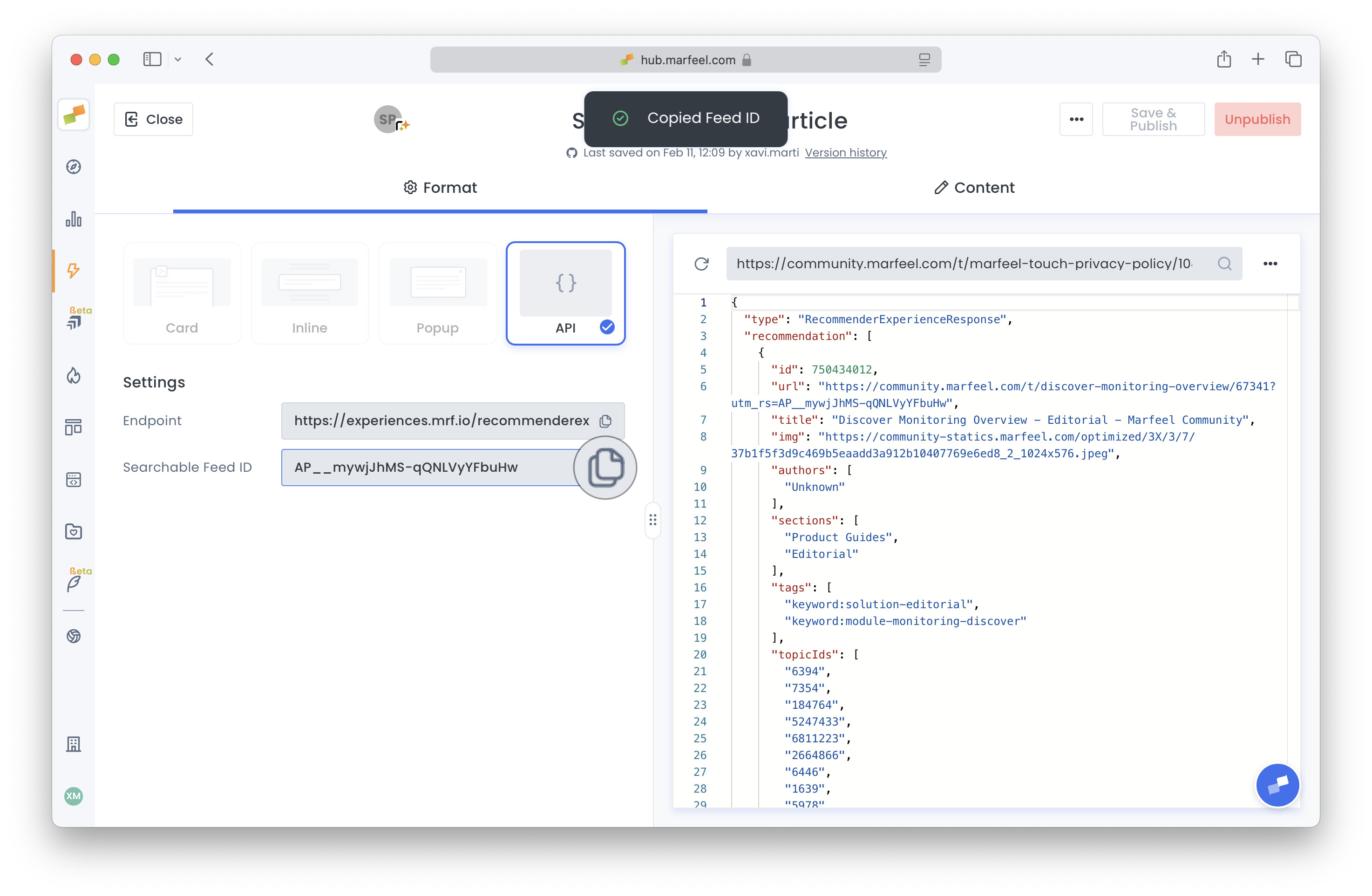 Format tab with the Shareable Feed ID copy button highlighted