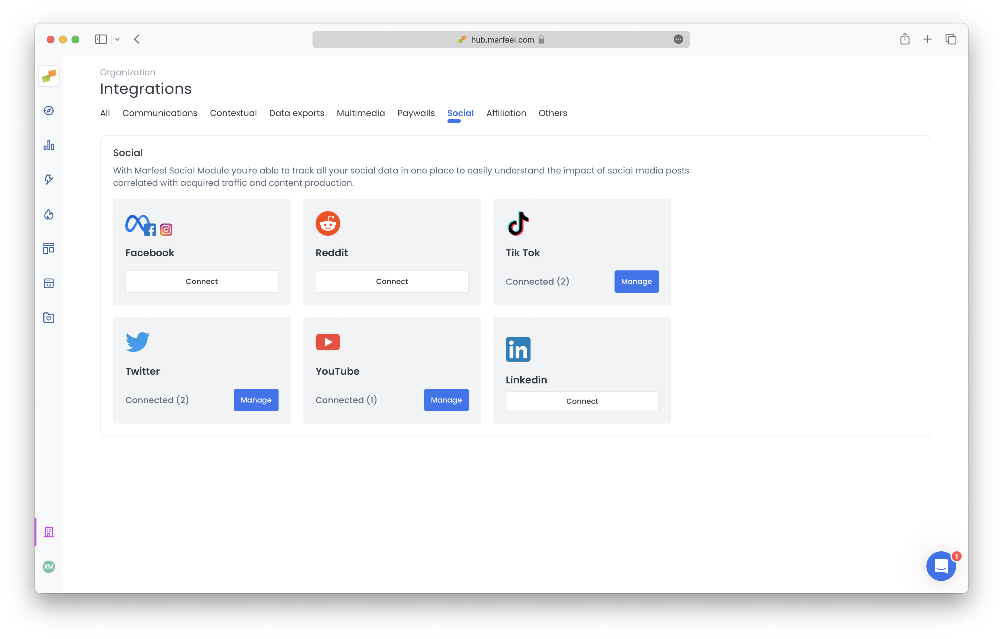 Social integrations page showing the LinkedIn Connect button|690x439