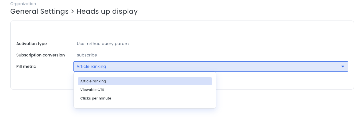 Label metric options showing article ranking, viewable CTR, and clicks per minute|690x259