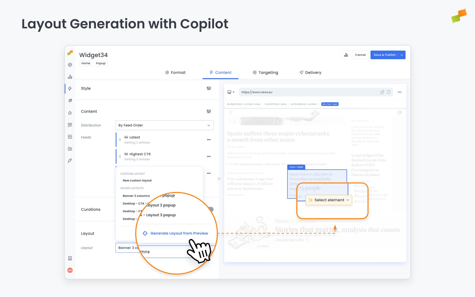 Copilot HTML element picker generating a Recommender layout from a live site module|690x431