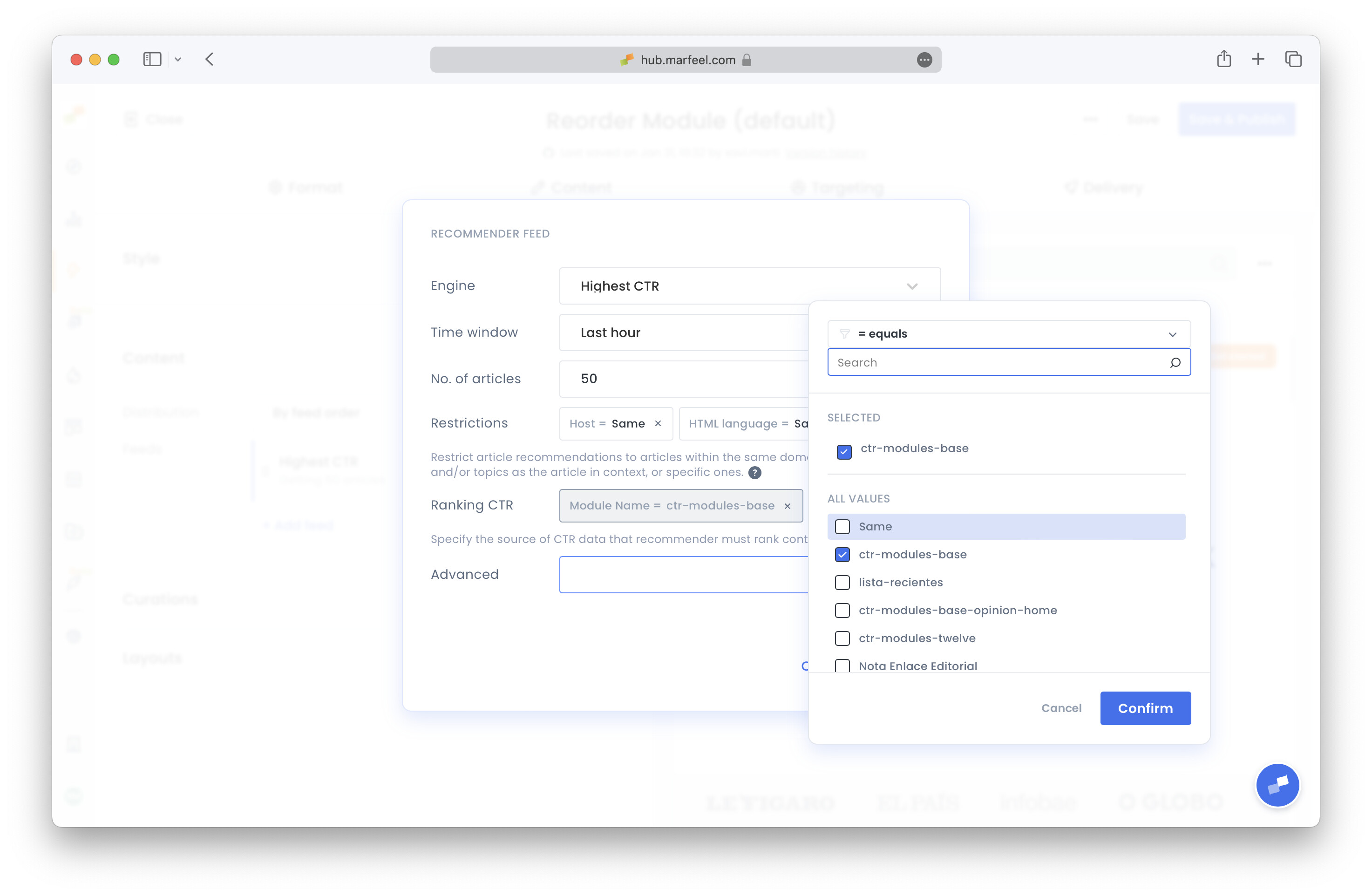 Ranking CTR config with the Module Name dropdown for selecting the target module|690x450