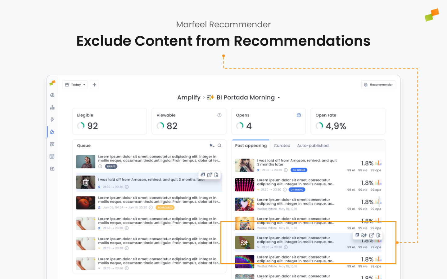 Recommender Feed view showing the multi-action bar with the Exclude from Recommendations option