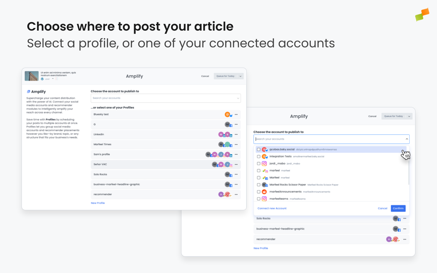 Account and profile selection panel showing multi-channel publishing options|706x441