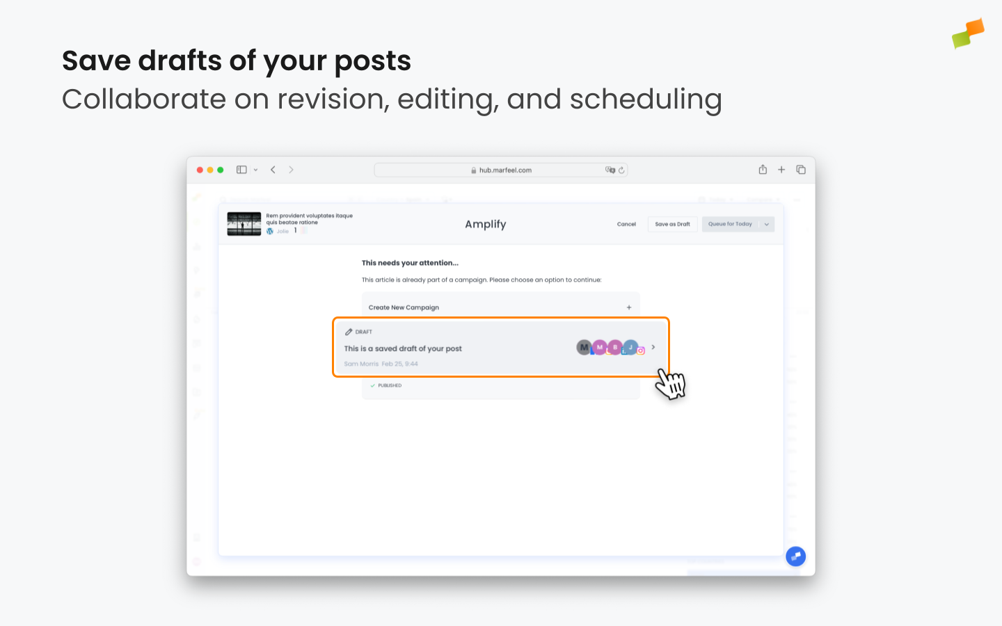 Amplify draft selection panel showing saved drafts available for editing and publishing|1440x900