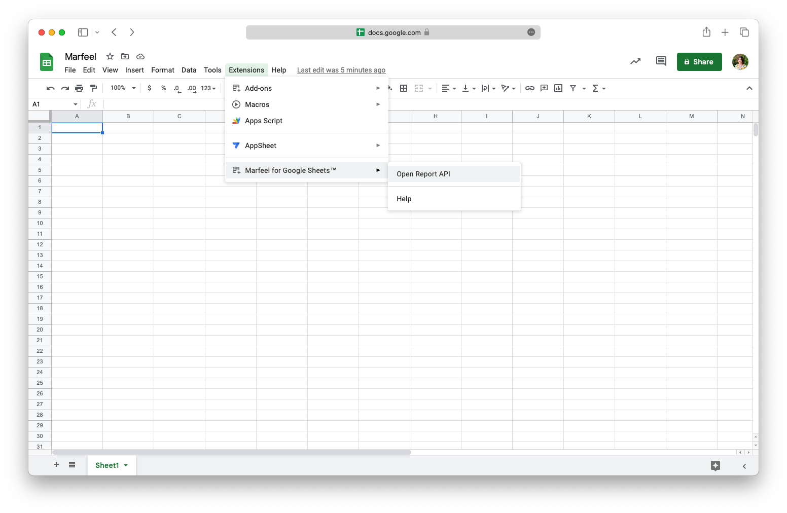 Extensions menu with Open Report API option highlighted|690x449