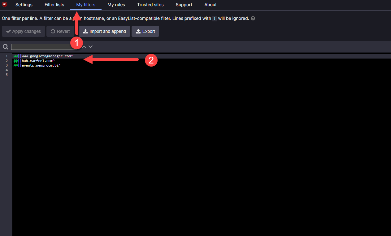 uBlock Origin My Filters tab with HUD exception rules|690x416