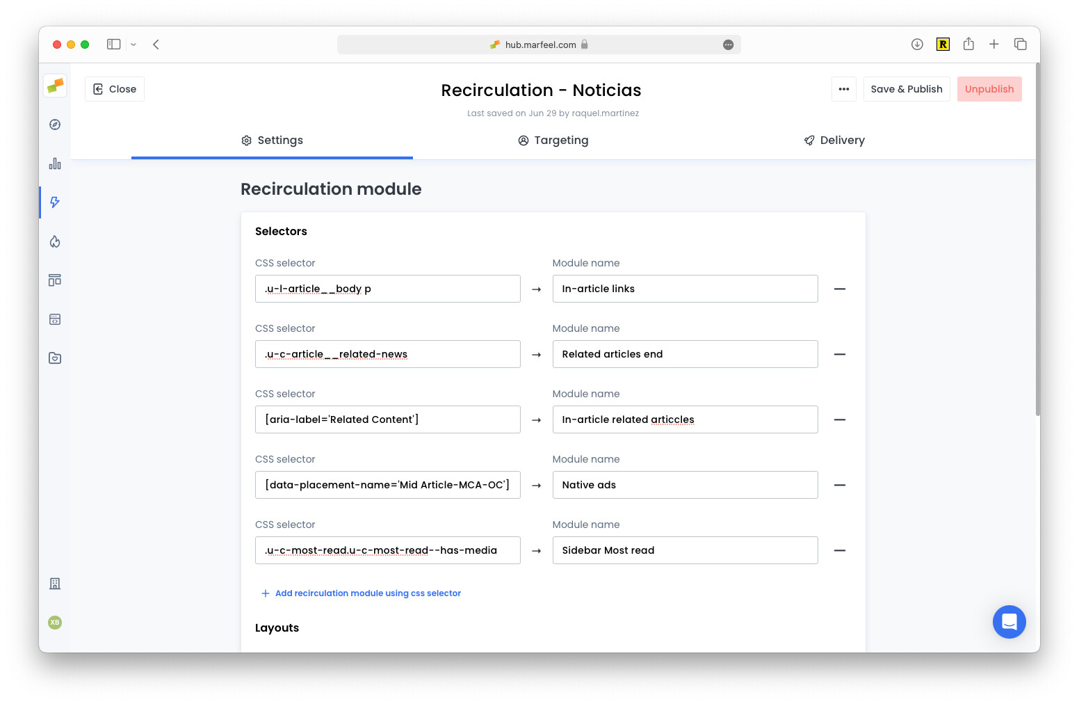 CSS selector input field in the recirculation experience configuration panel|690x449