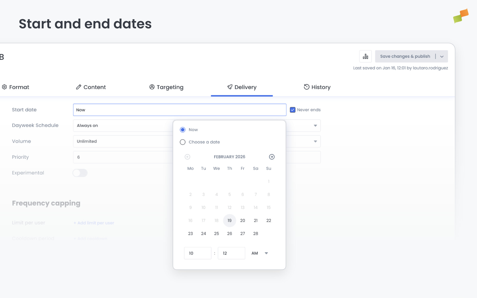 Start and end date configuration with Never ends checked by default|690x431