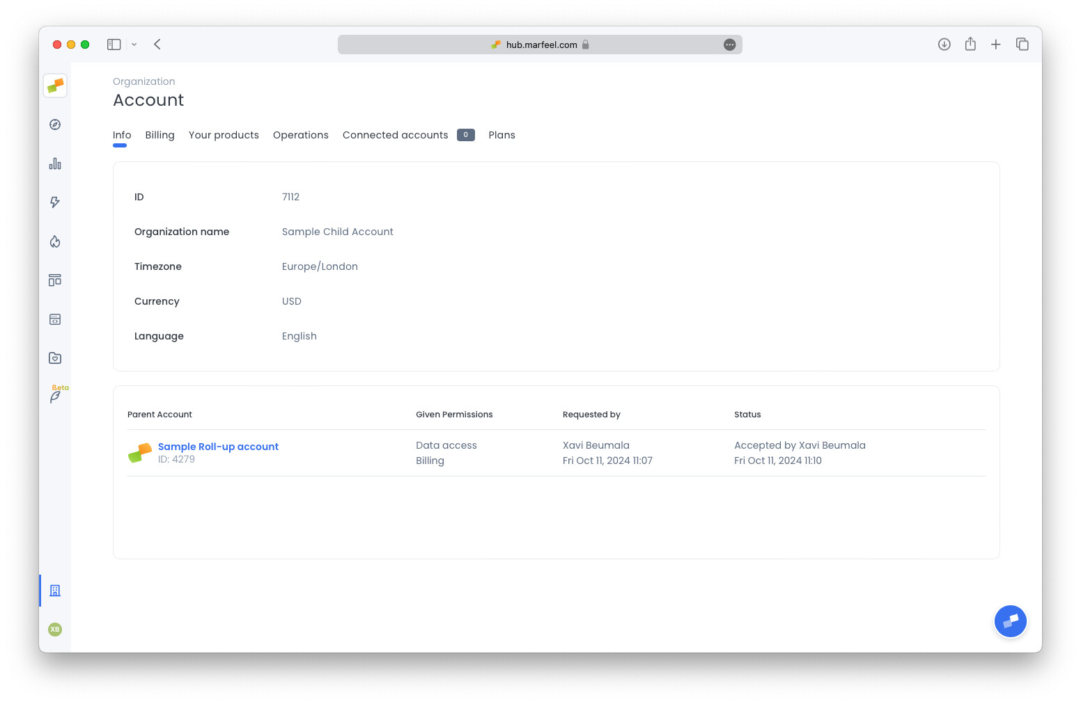Child account view showing linked parent accounts and their granted permissions|690x449