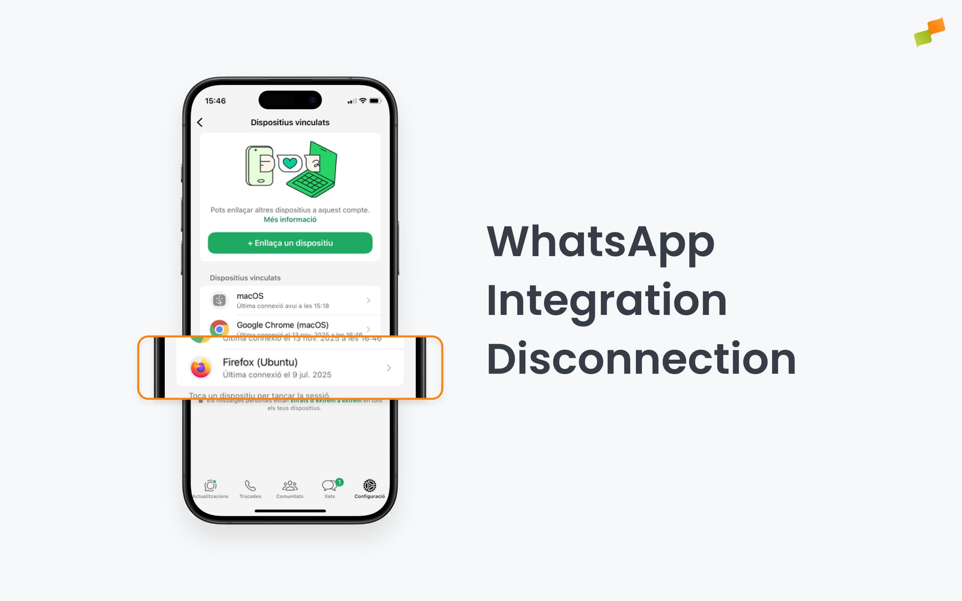 WhatsApp linked devices screen showing the Amplify integration listed as Firefox on Ubuntu|690x431