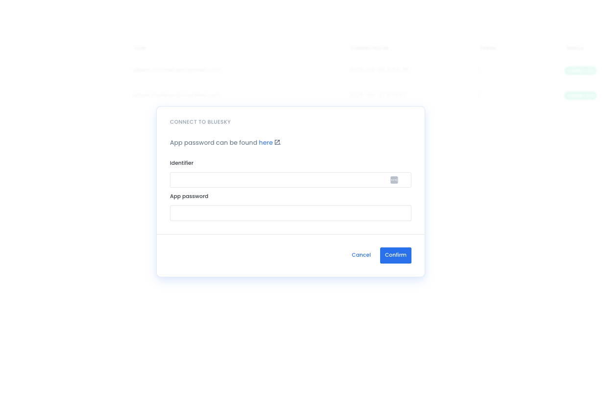 Connect to Bluesky dialog with Identifier and App password fields|690x493