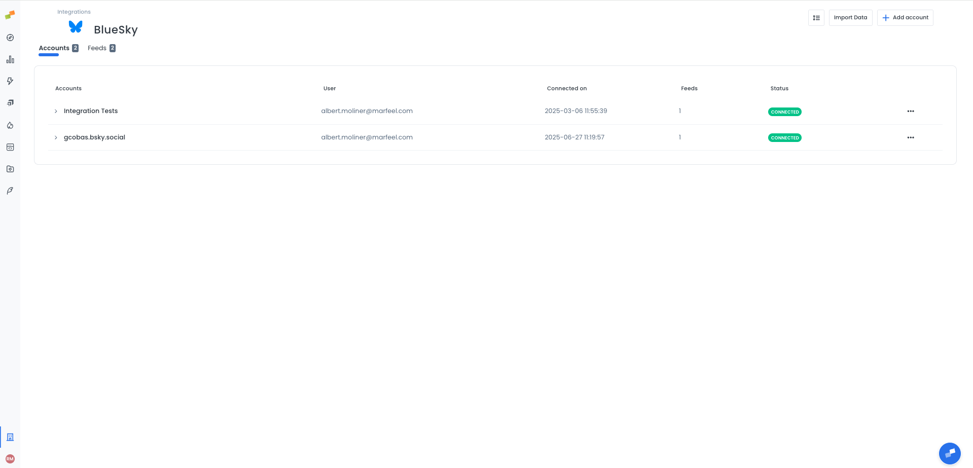 BlueSky integration page showing connected accounts with status, user, and feed count|690x493