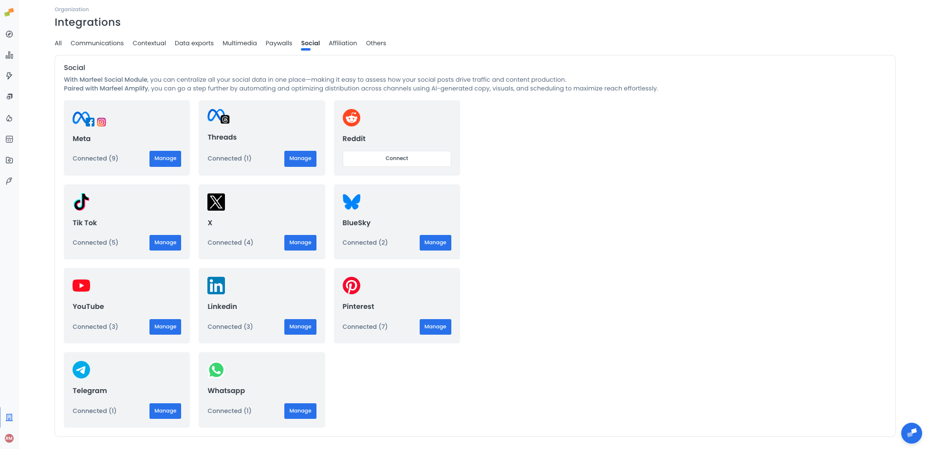 Marfeel Social integrations panel showing BlueSky among available social network connections|690x493