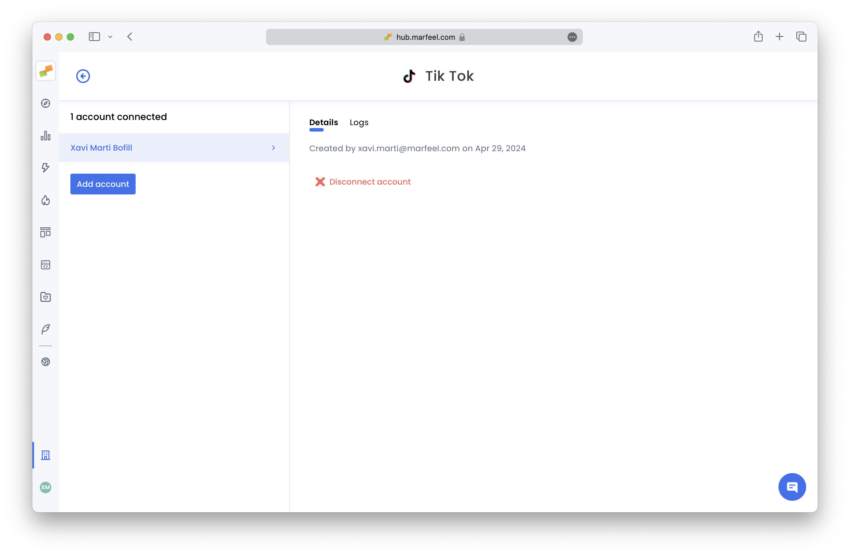 TikTok integration showing a connected status in Marfeel|690x450