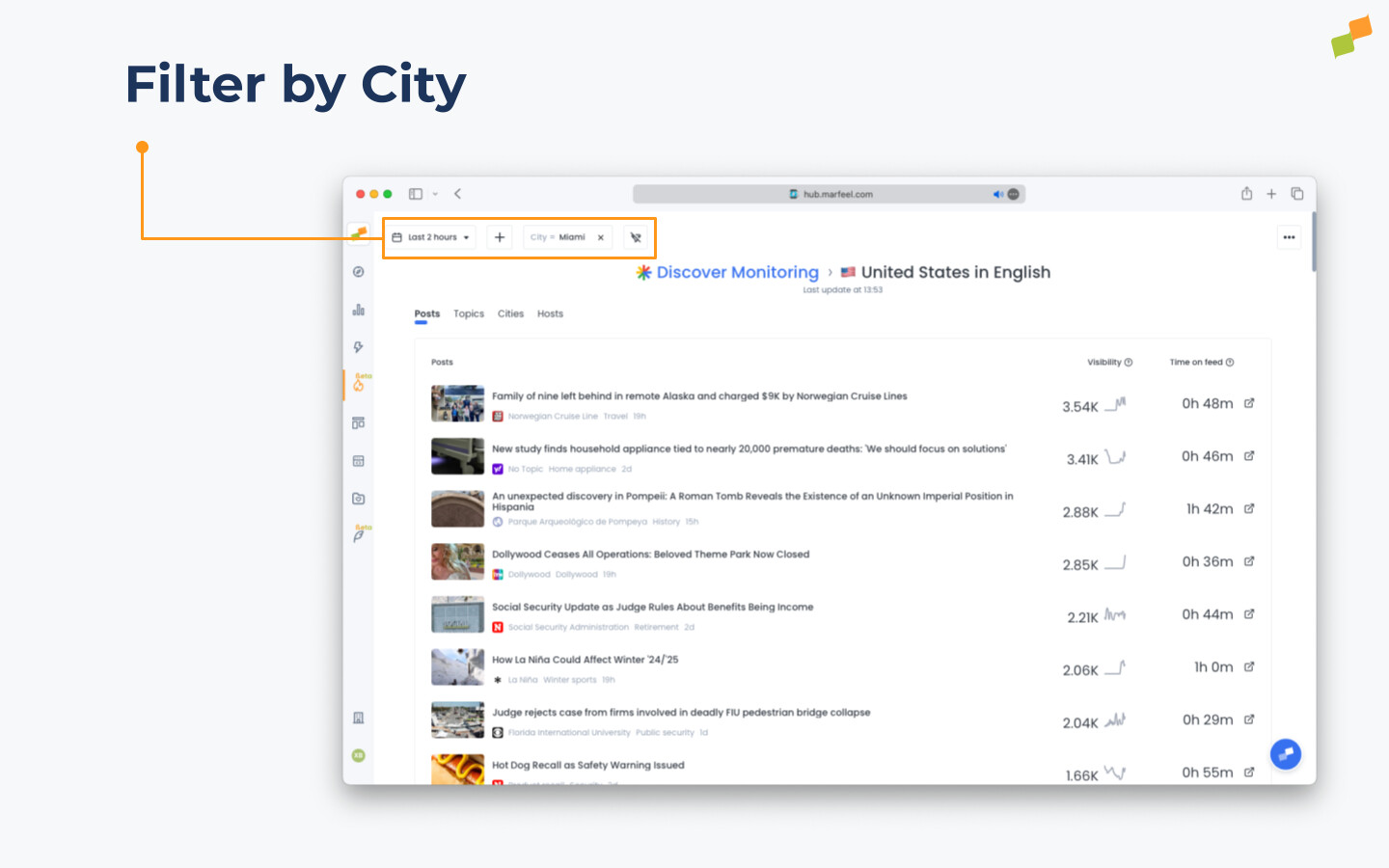 Discover Monitoring filtered by city showing regional Google Discover trends|690x431