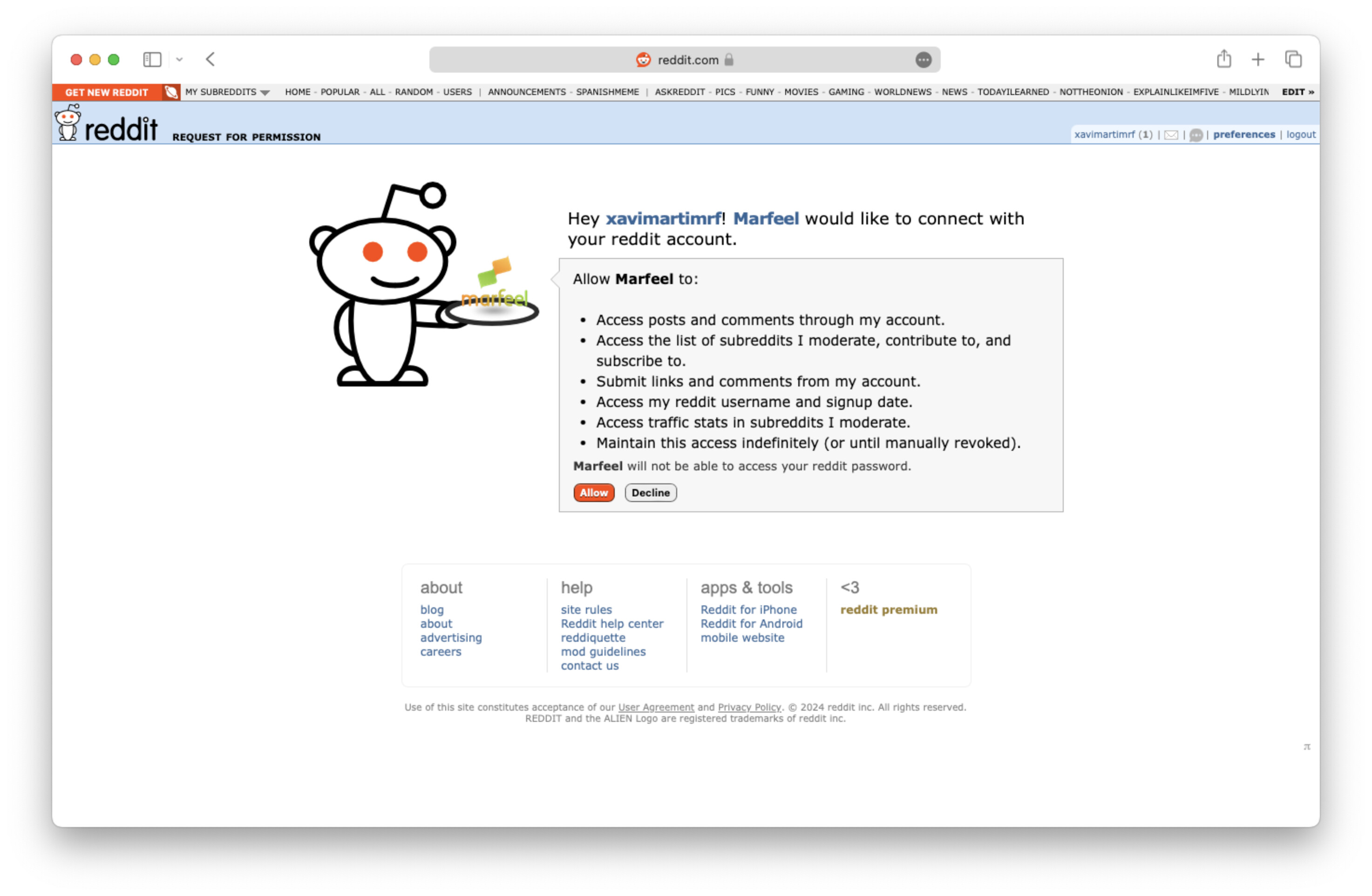 Reddit OAuth authorization prompt requesting permission to connect with Marfeel|690x450