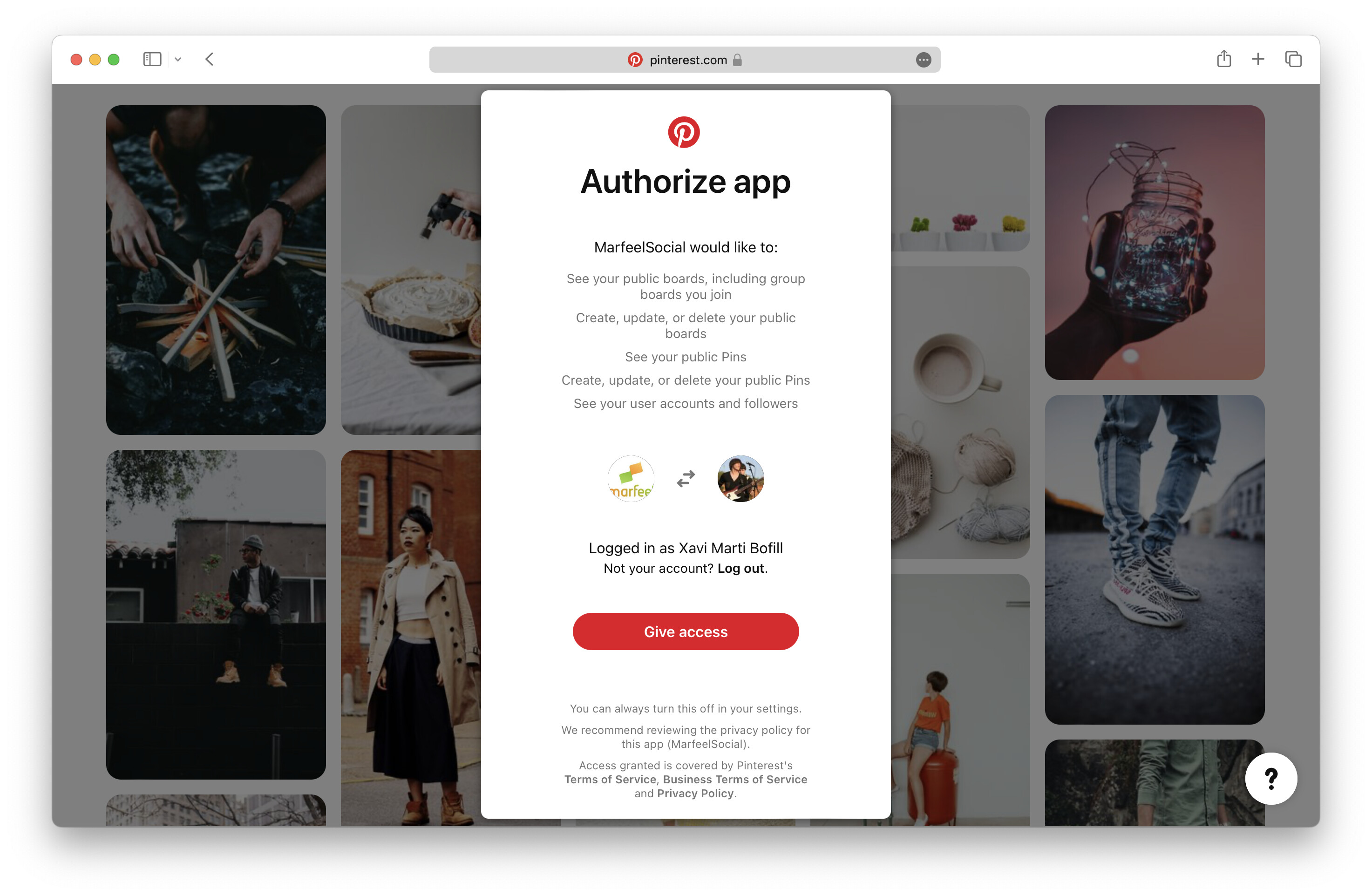 Pinterest OAuth prompt requesting access permissions for the Marfeel integration|690x450