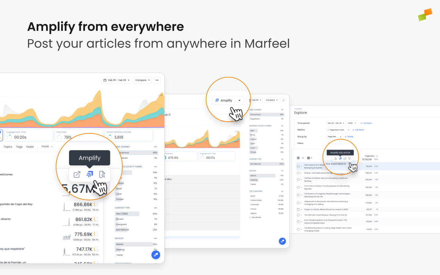 Amplify icon appearing on hover over an article entry in Compass|727x453