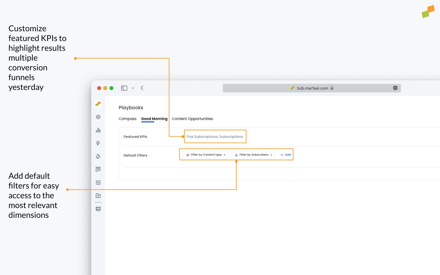 Good Morning Playbook admin settings showing conversion KPI and default filter configuration|690x431