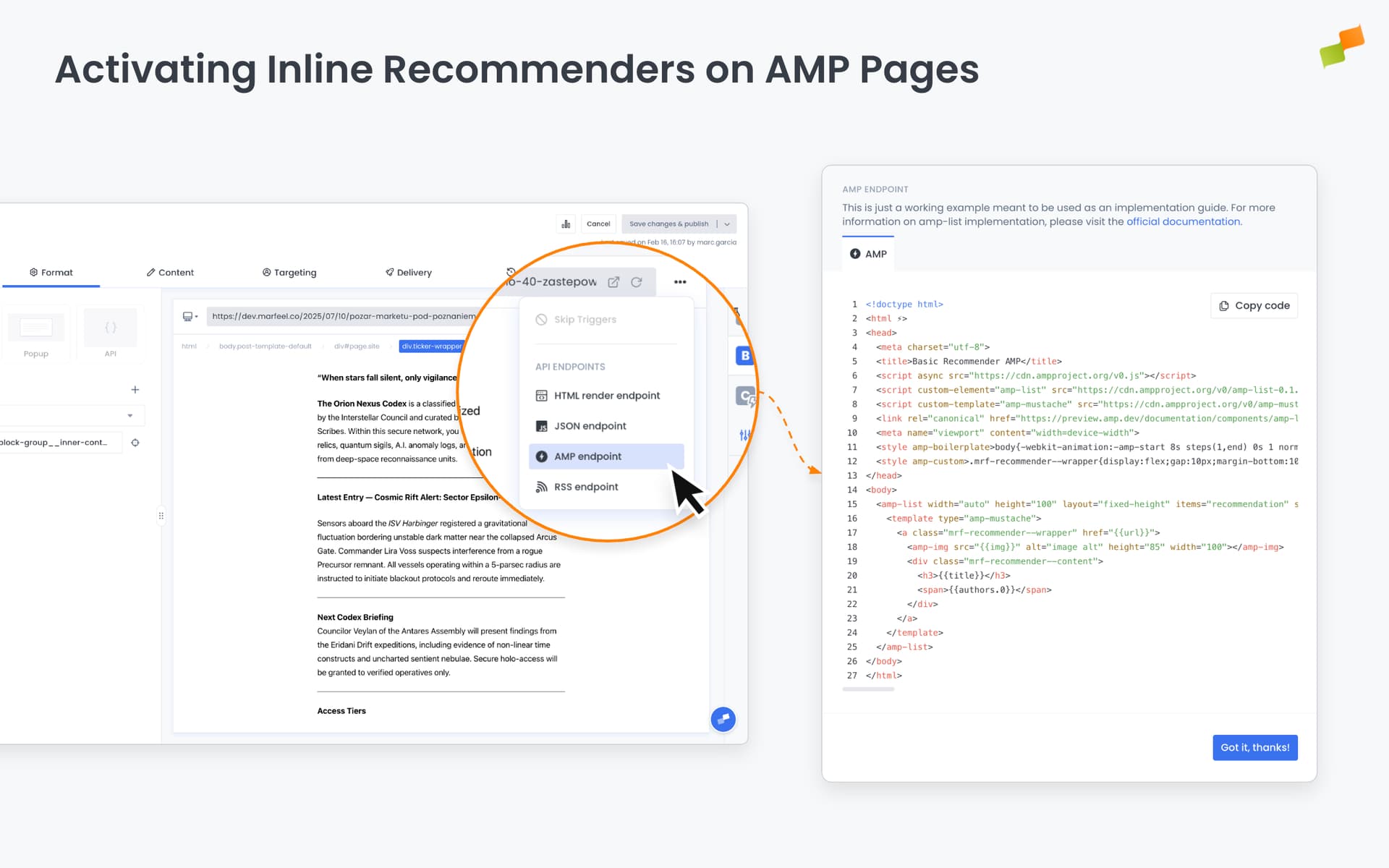 Recommender configuration panel showing the AMP endpoint selection for inline modules|690x431