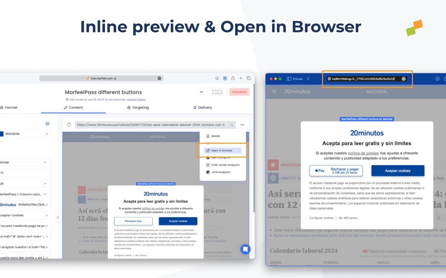 MarfeelPass preview and simulation panel in Experience Manager|690x431