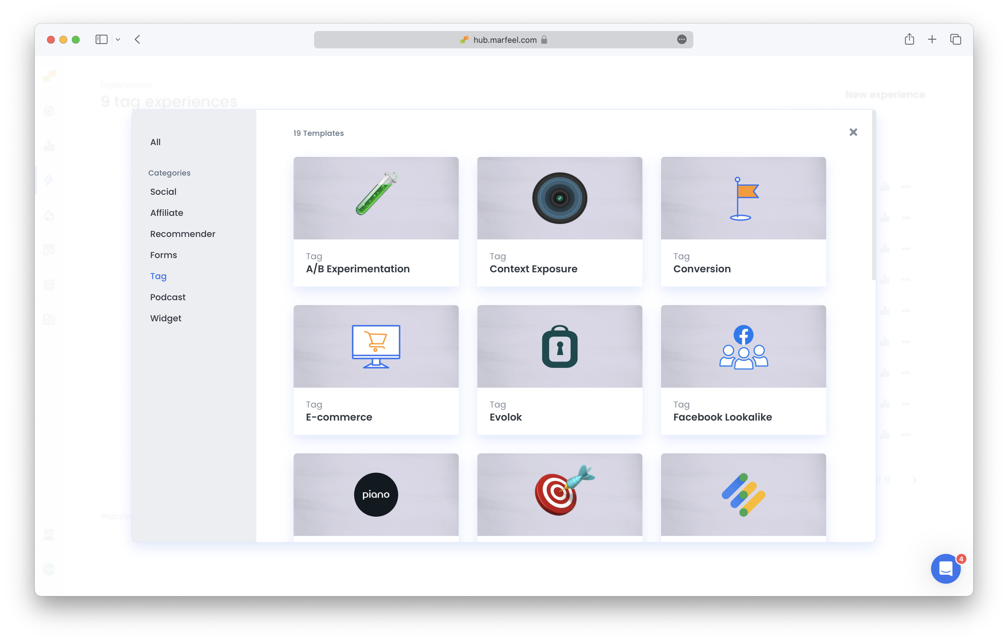 Experience Manager creation popup showing the Context Exposure option|690x439