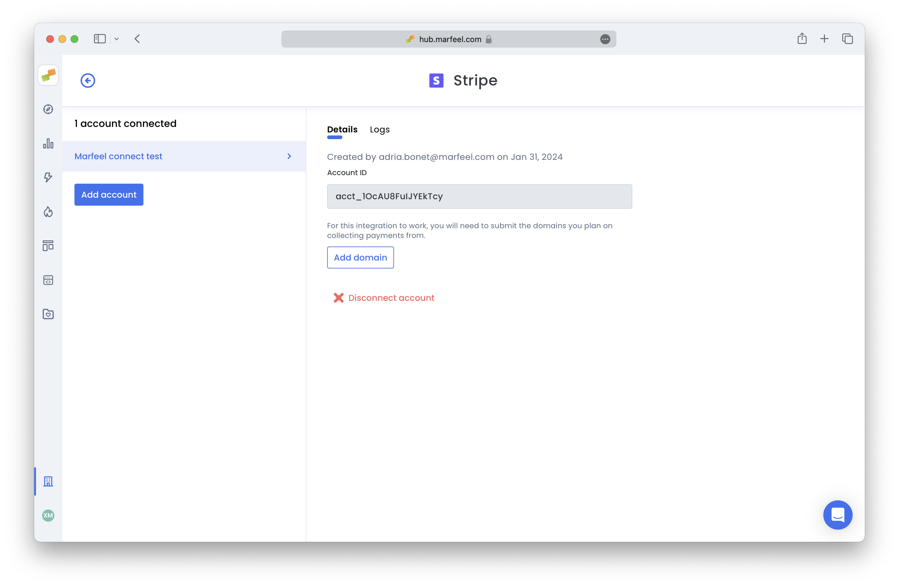 Marfeel integration page confirming successful Stripe connection|690x450