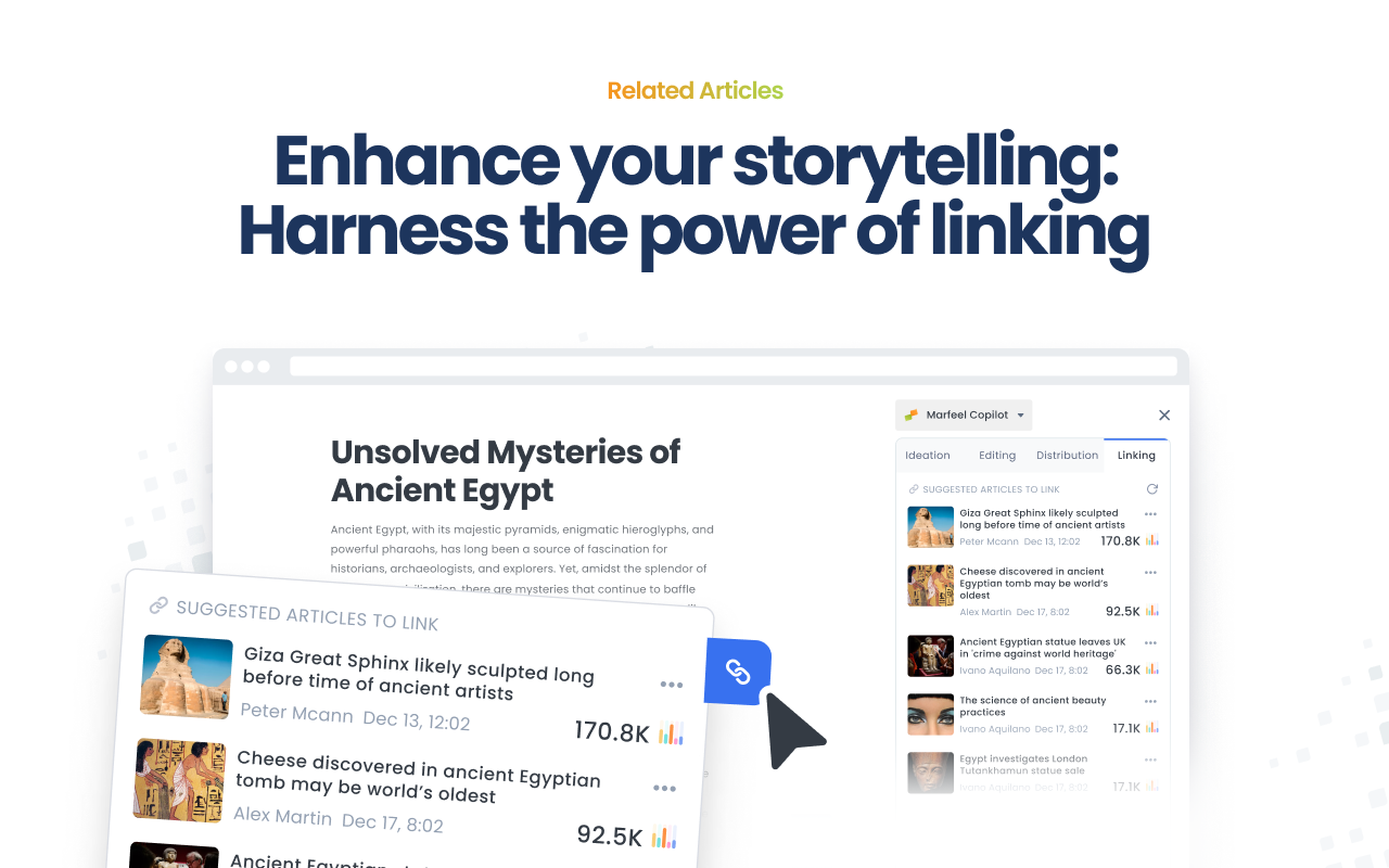 Marfeel Copilot Linking panel displaying related articles with pageview metrics and thumbnails