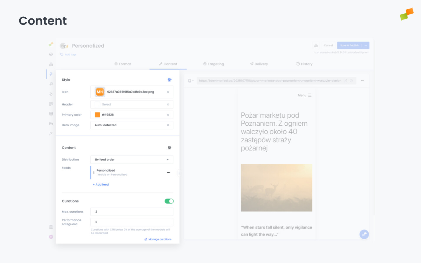 Content tab editor showing recommender configuration options|690x431