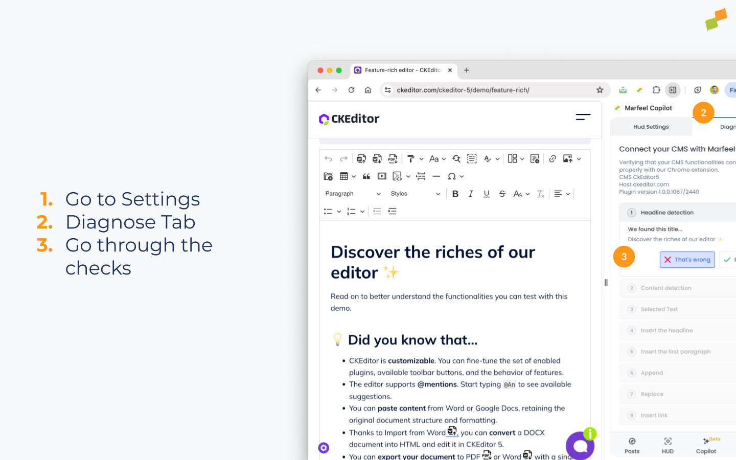 Marfeel Copilot CMS diagnose panel showing integration checks and validation results