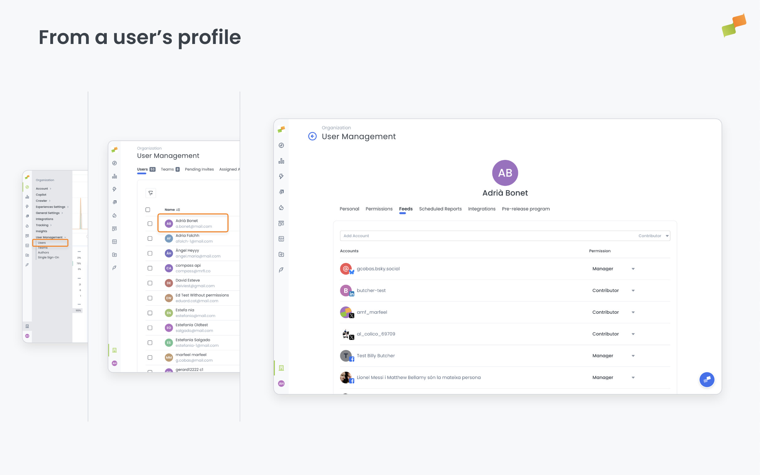 User profile panel displaying all feed-level role assignments|690x431