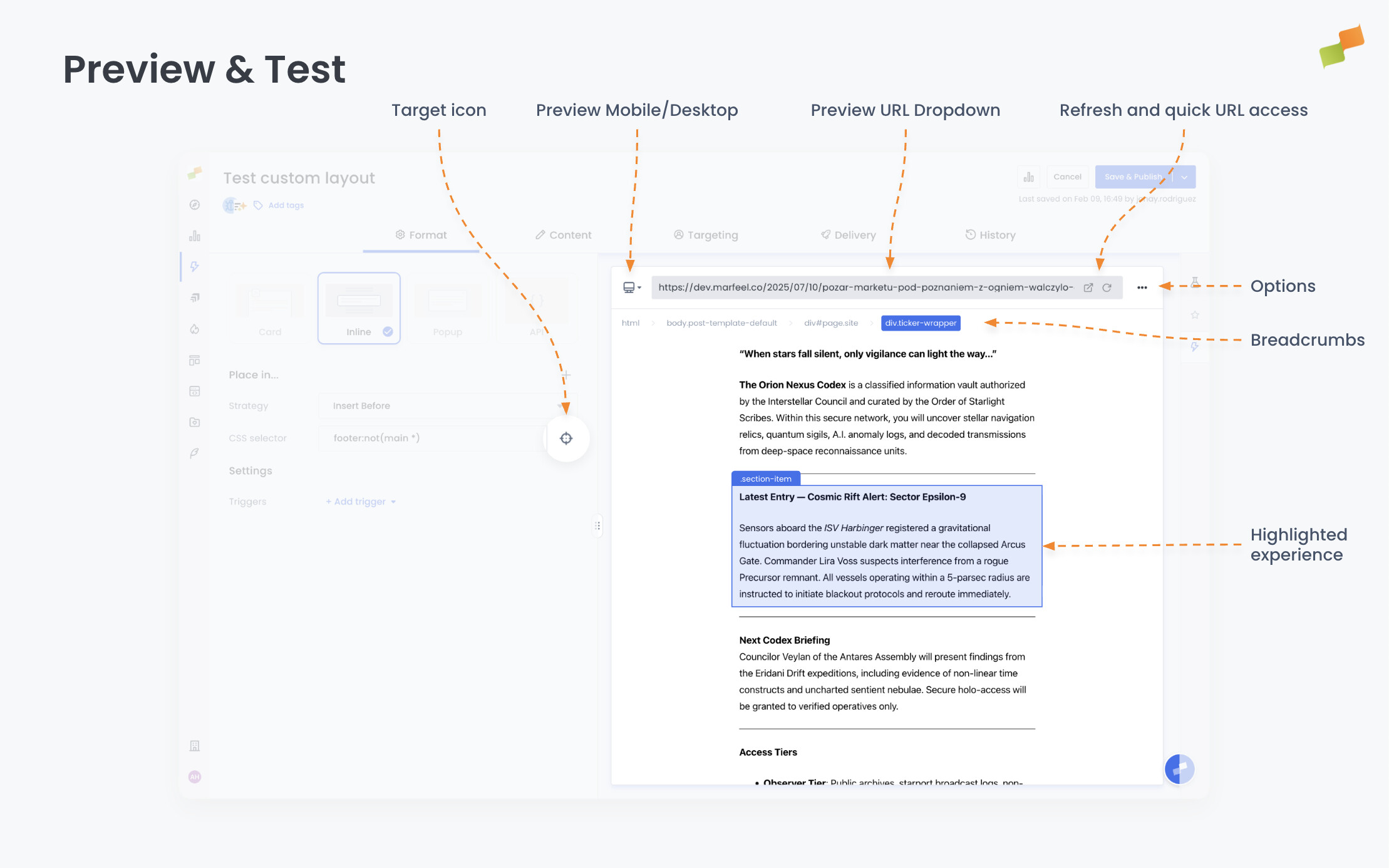 Live preview panel showing an experience rendered on a test page|690x431