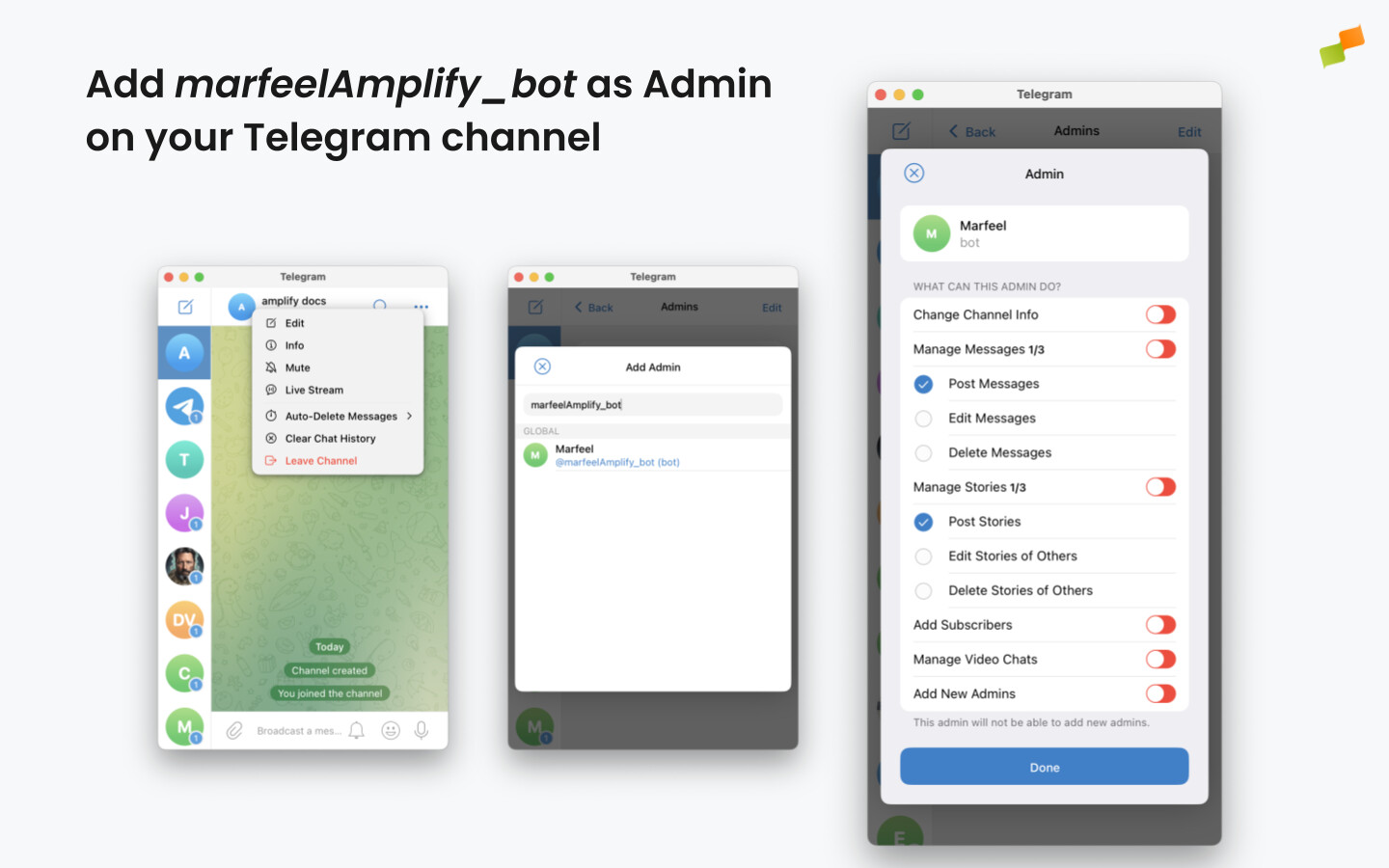 Adding marfeelAmplify_bot as administrator in Telegram channel settings|690x431