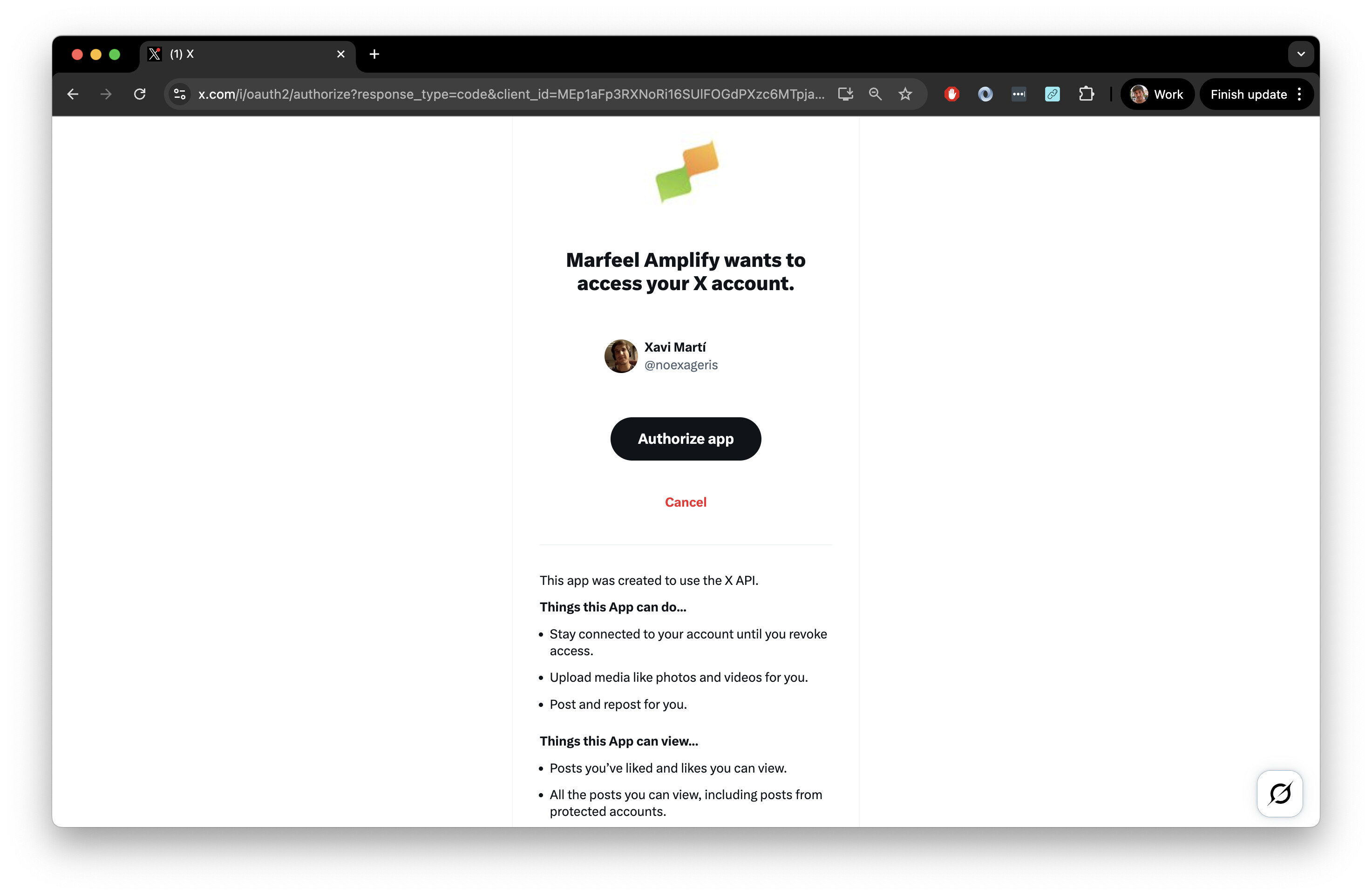 X authorization screen with Connect to Marfeel and Authorize App buttons|690x450