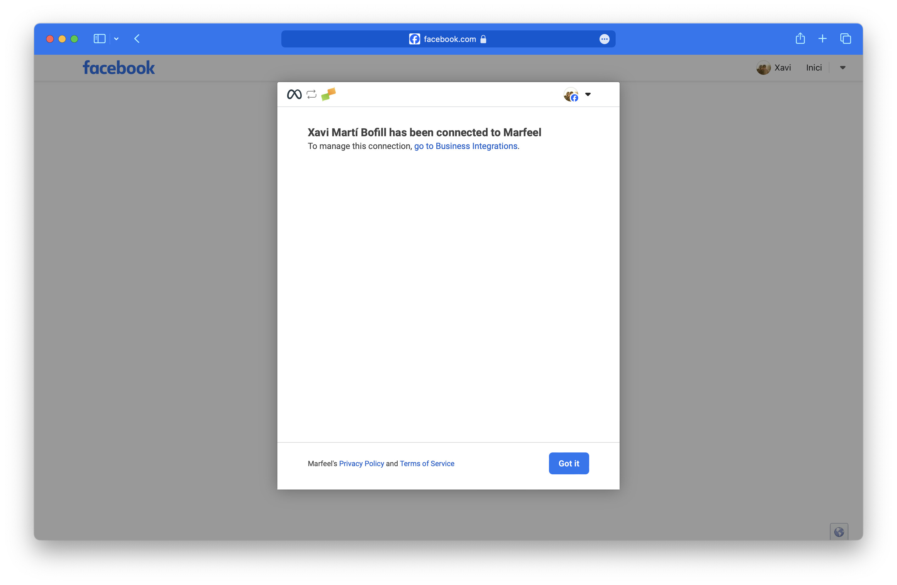 Confirmation screen showing the Meta integration is successfully connected|690x450