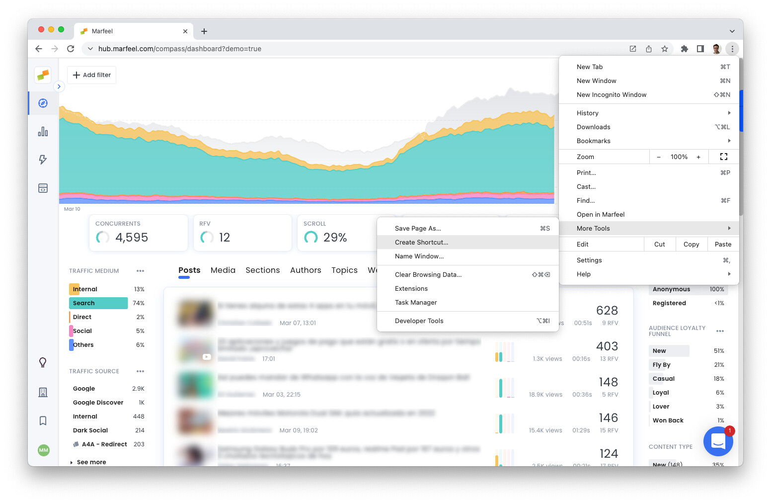 Chrome browser menu with Create shortcut option highlighted|690x449
