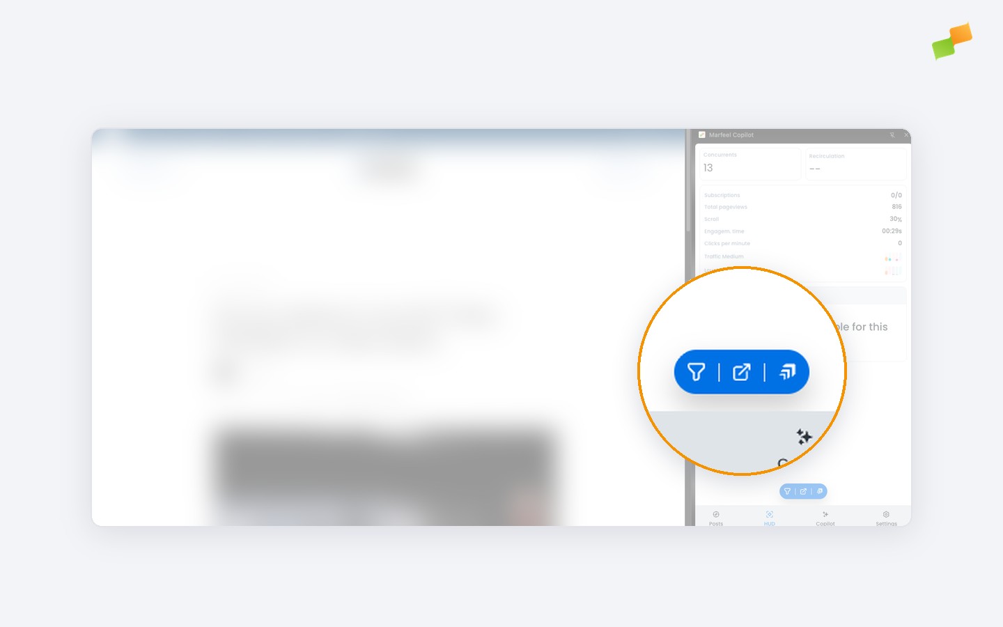 Marfeel Copilot browser extension panel with the floating toolbar magnified, showing the Amplify button|690x431