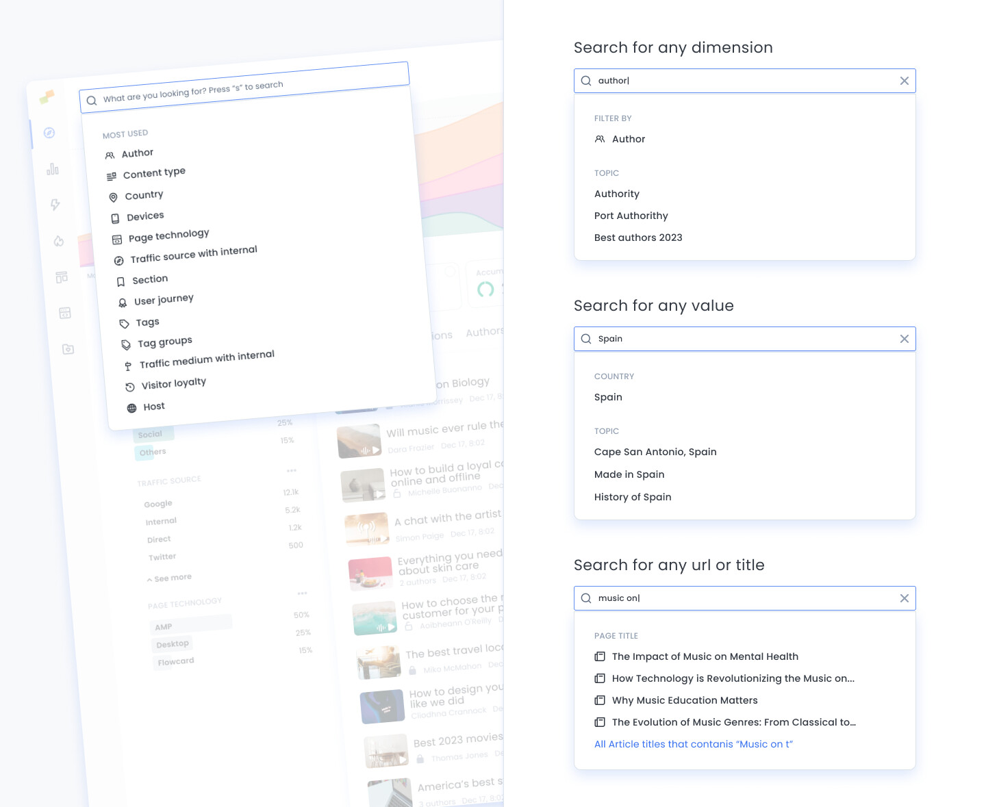 Marfeel Copilot Omnisearch quick filtering interface