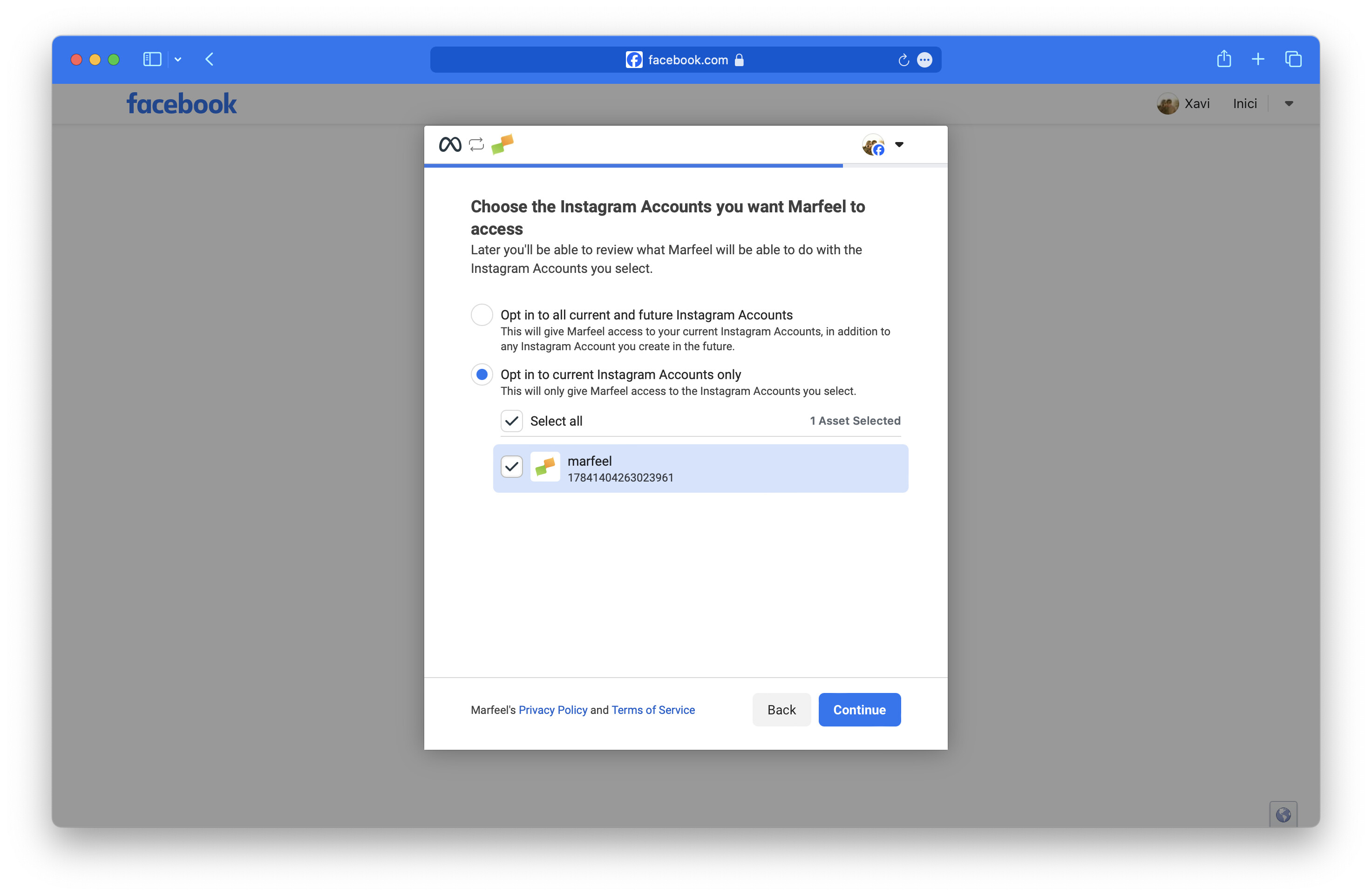 Instagram account selector showing available accounts to connect|690x450